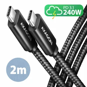 Axagon BUCM2-CM20AB Data and charging USB 480Mbps cable 2 m. PD 240W, 5A. Black braided