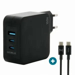 Mobilis Charger 100W 2USB C 1USBA GaN cable 100W