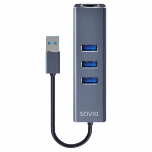 Savio AK-57 USB-A - 3 x USB-A HUB with RJ-45 Gigabit Ethernet adapter 5000 Mbit/s grey